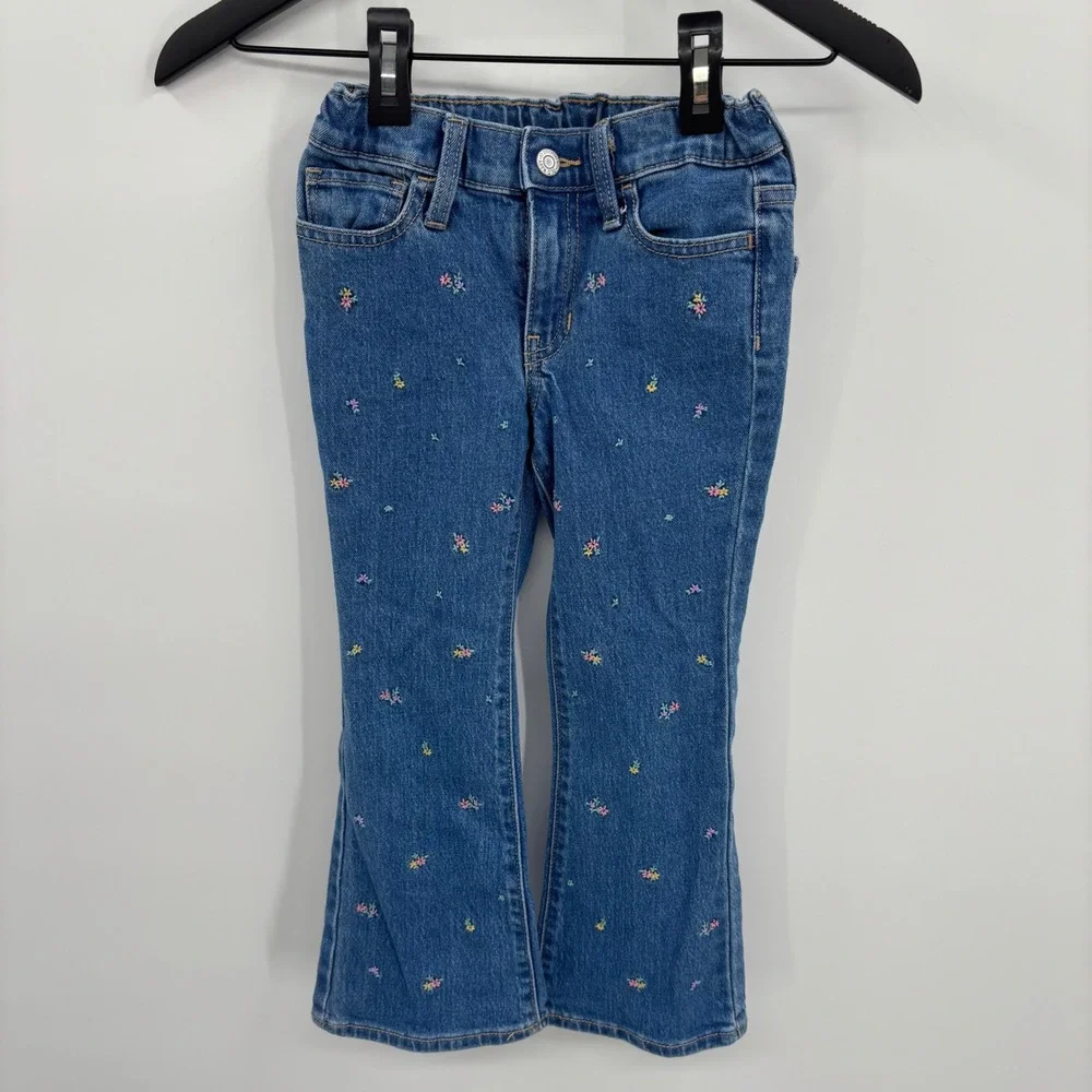 Old Navy Girls‎ Embroidered High Rise Flare Jeans 6 Medium Wash Floral Boho 70s